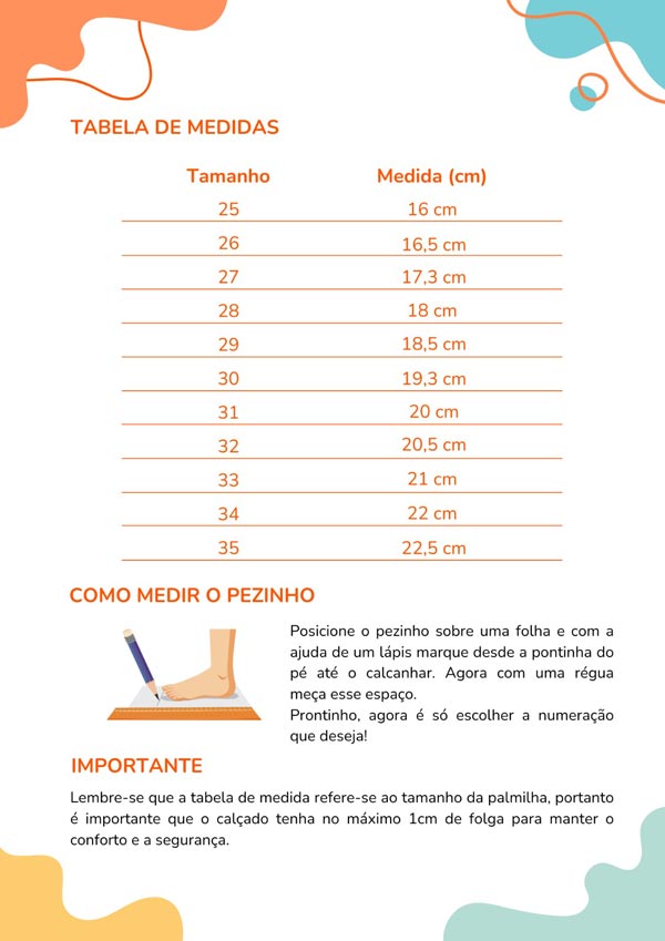 Tabela de medidas calçados